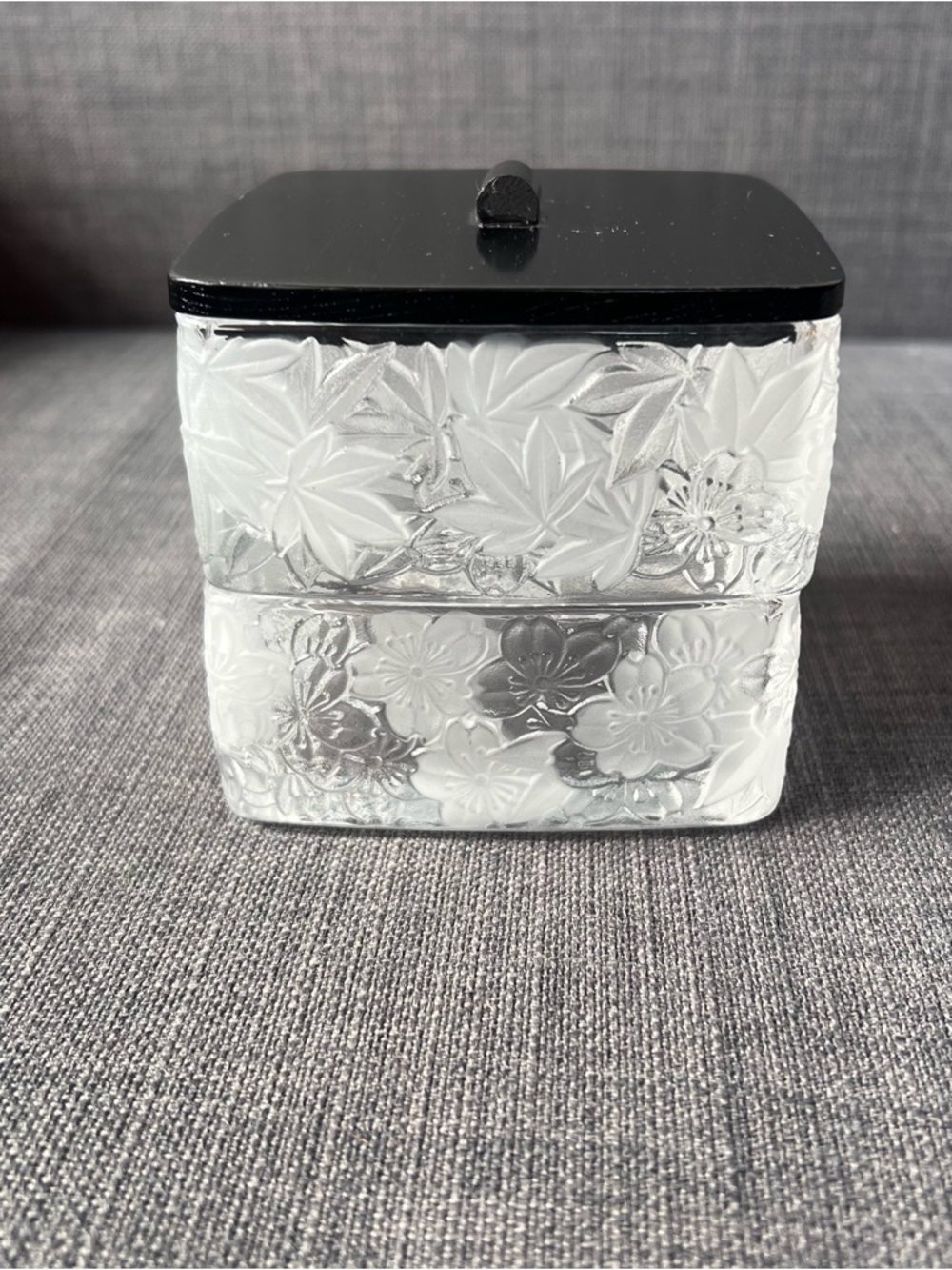 Princess House Fantasia Frosted Floral Glass Jewelry Jar with Black Lid